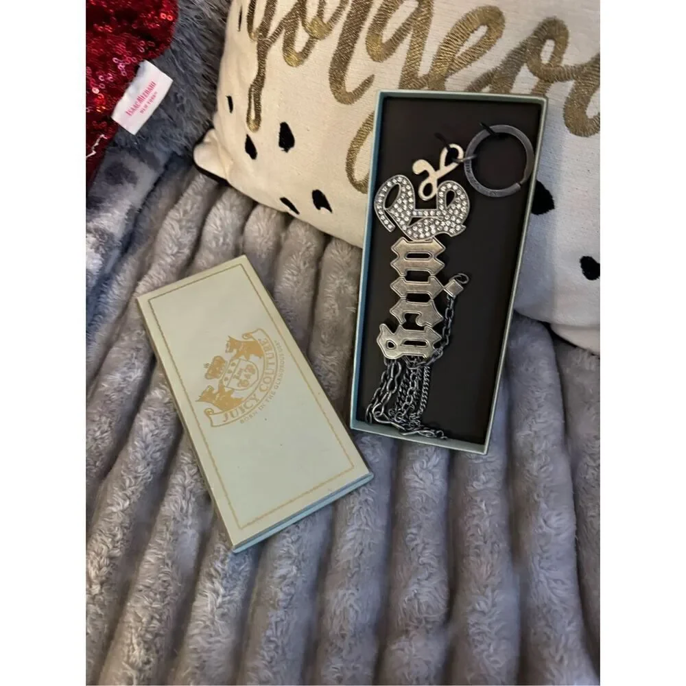 Juicy couture silver gothic logo pave studded chain  bag charm /fob keychain